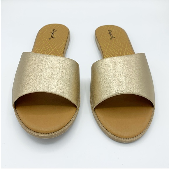 Gold Metallic Slide Sandals Flat Slip On Summer Casual Shoes - Picture 4 of 9